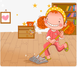 红色爆炸头可爱卡通插图擦地板的小女孩高清图片