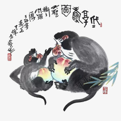 妈妈抱宝宝漫画中国风水墨两只猴子抱桃插画高清图片