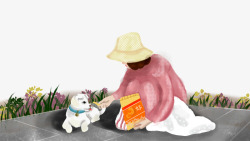 小草花丛卡通手绘女孩喂流浪狗吃食物高清图片