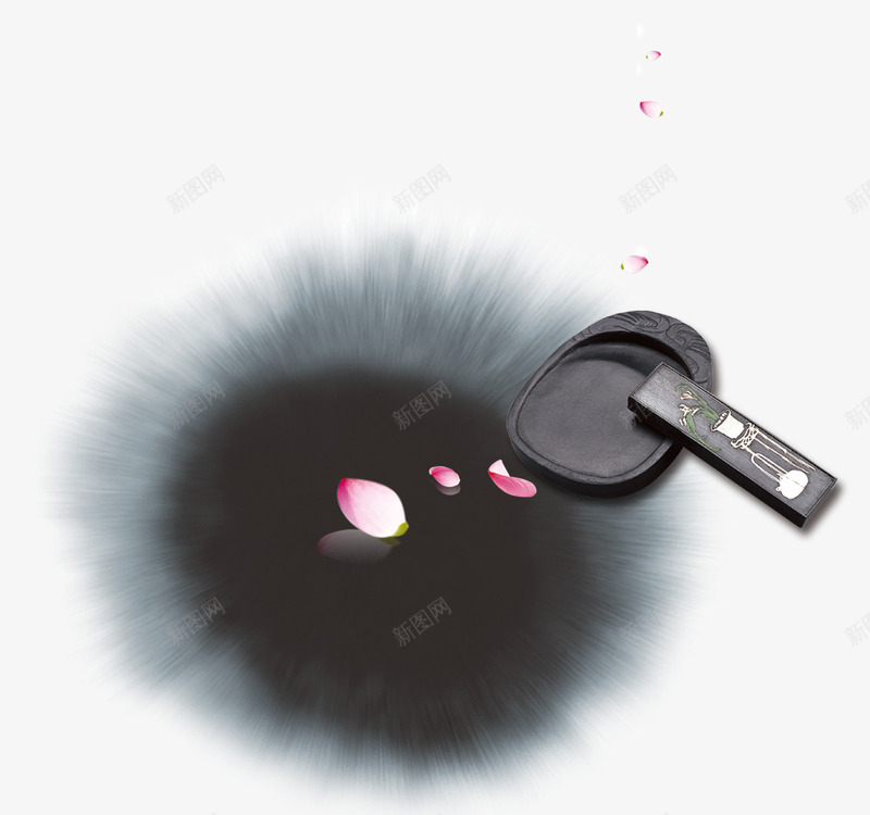 墨迹砚台psd免抠素材_88icon https://88icon.com 墨迹 彩色 水墨画 海报 砚台 花瓣 装饰