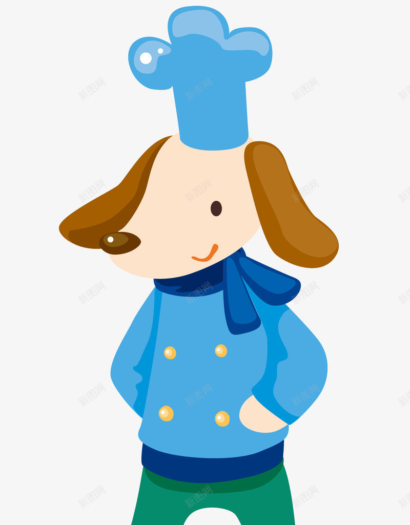 一只蓝衣服的卡通动物png免抠素材_88icon https://88icon.com 卡通 卡通动物 厨师 围脖 棕色耳朵 蓝色帽子 蓝衣服的小狗