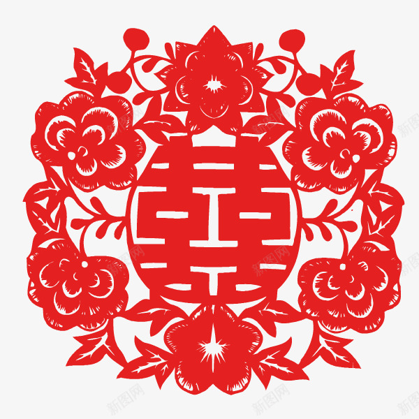 喜字双喜剪纸大红花纹点缀png免抠素材_88icon https://88icon.com 剪纸 双喜 喜字 大红 花纹点缀