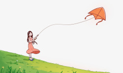 手绘夏日草地放风筝的小女孩插画素材