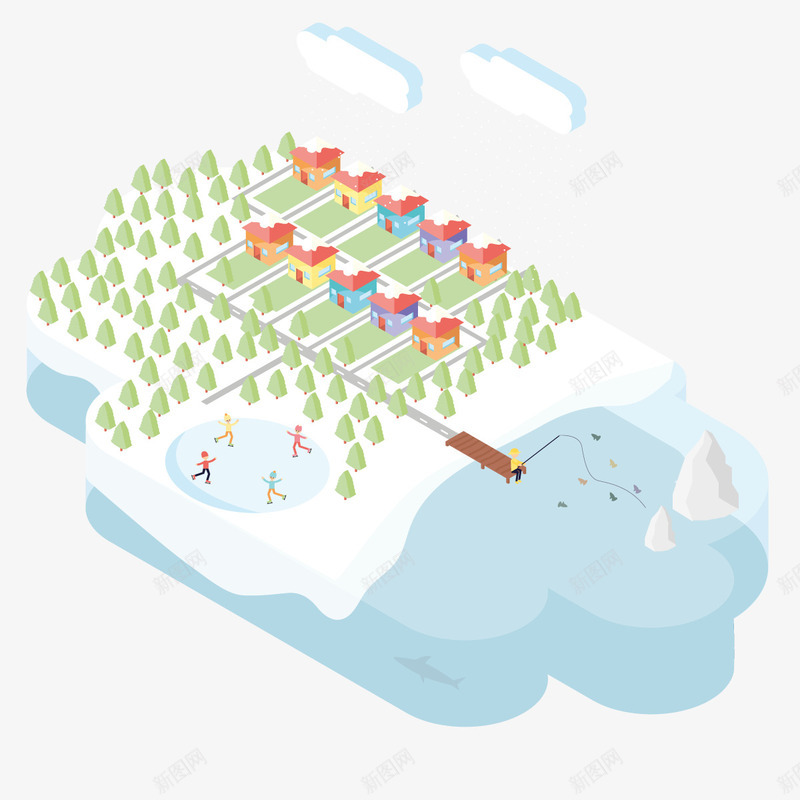 冰雪世界png免抠素材_88icon https://88icon.com 下雪 湖泊 滑雪 钓鱼