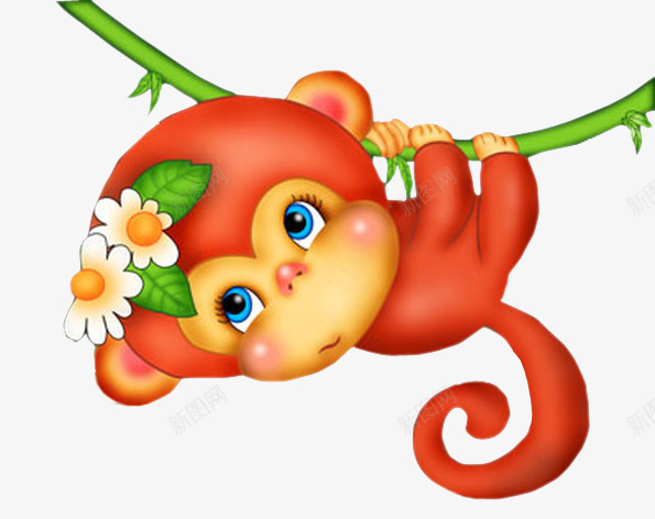 攀爬的小猴子png免抠素材_88icon https://88icon.com 卡通 大眼猴 头花 小猴子 手绘 水彩 红色 美猴 藤条