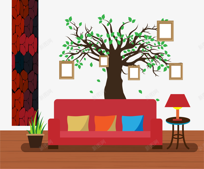 木质地板装修png免抠素材_88icon https://88icon.com 个性装修 大树照片墙 客厅 红色沙发