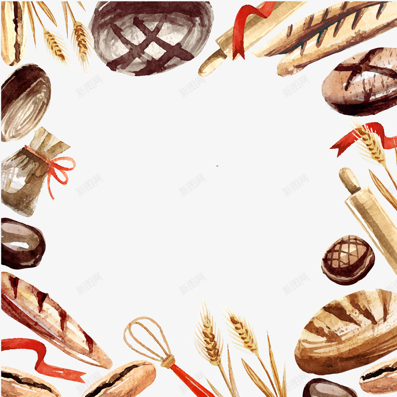水彩绘烘培食品框架矢量图ai免抠素材_88icon https://88icon.com 小麦 手绘 海报边框 烘培 装饰边框 食品 食物 矢量图