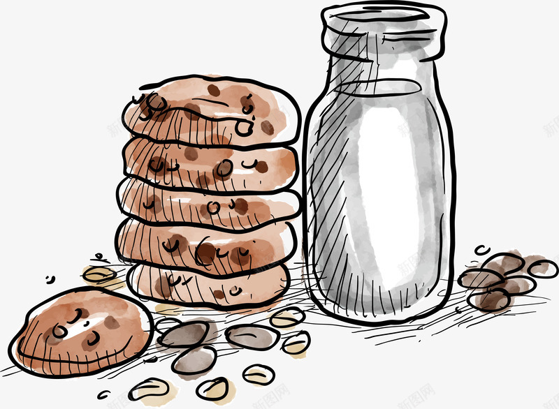饼干和牛奶矢量图ai免抠素材_88icon https://88icon.com 巧克力饼干 曲奇饼 牛奶 牛奶瓶 玻璃瓶 街头小吃 饼干 矢量图