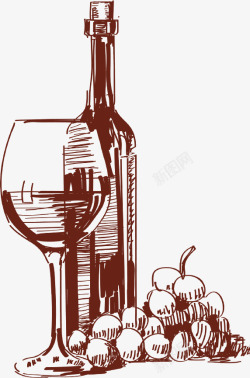 素描手绘红酒瓶高脚玻璃杯素材