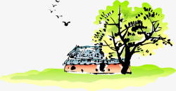 卡通人物房屋建筑彩色墨迹背景矢量图素材