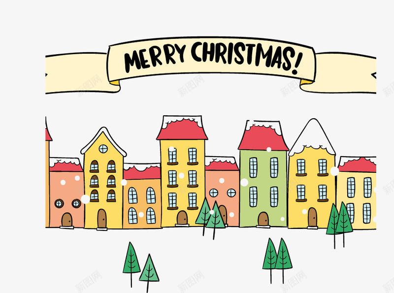 下雪的街景矢量图ai免抠素材_88icon https://88icon.com 圣诞快乐横幅 有雪的屋顶 飘雪 矢量图
