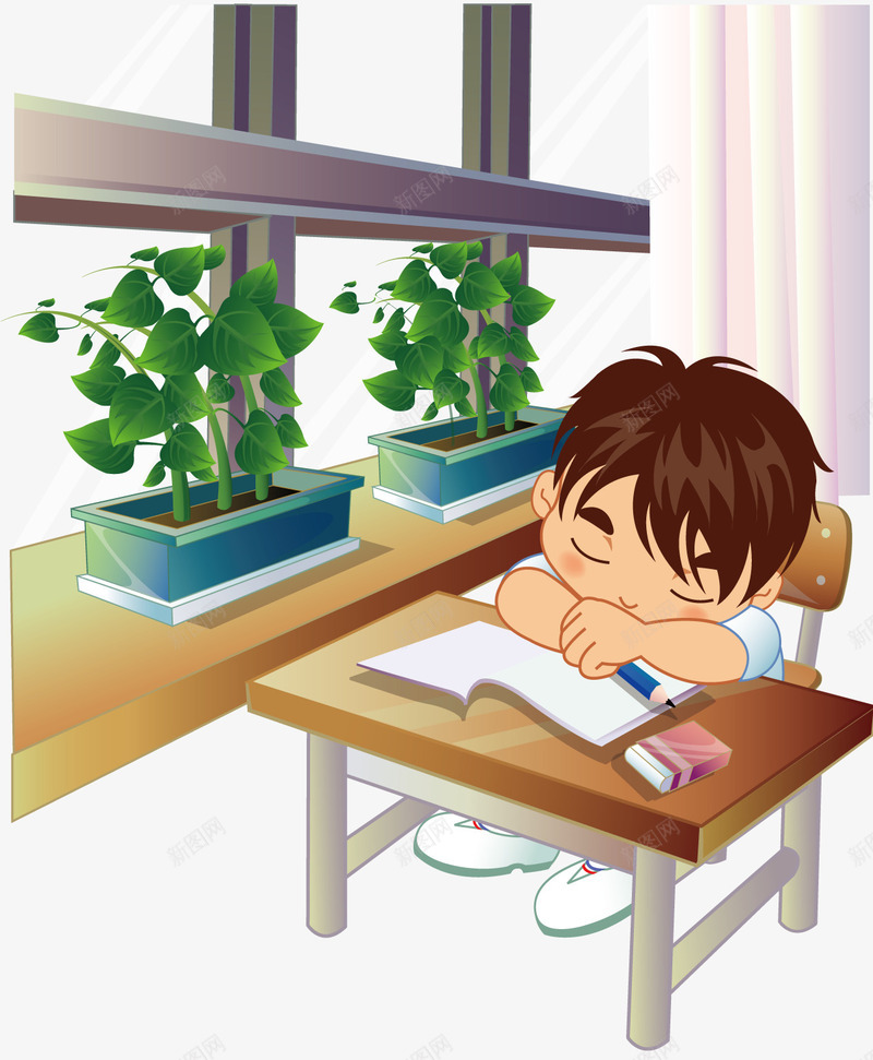 趴在桌子上睡着png免抠素材_88icon https://88icon.com 卡通男孩 植物 睡觉的宝宝 矢量素材 趴着睡觉