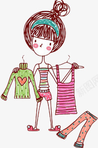 卡通手绘挑衣服的女孩png免抠素材_88icon https://88icon.com 卡通人物 卡通手绘挑衣服的女孩 服装