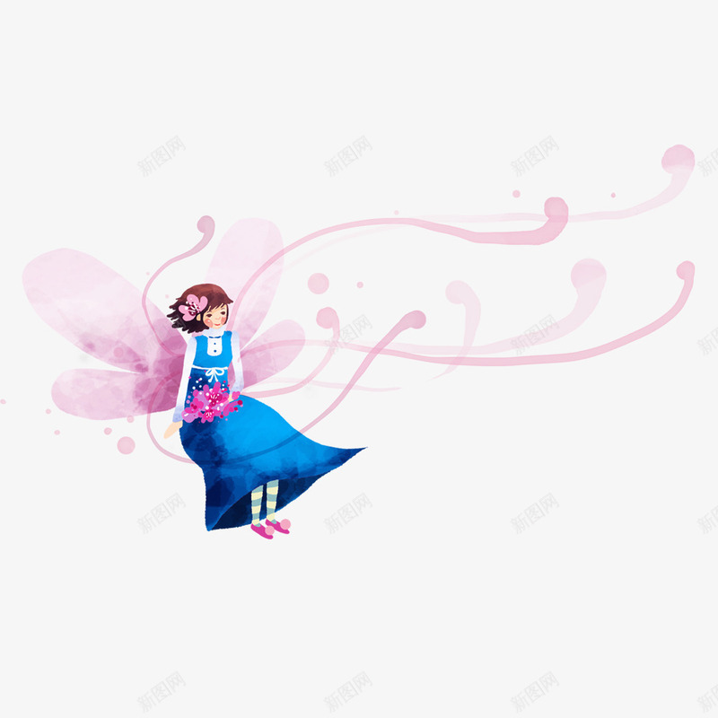 蓝色花仙子png免抠素材_88icon https://88icon.com 卡通 女孩 手绘 简图 粉色的 翅膀 蓝色的 裙子