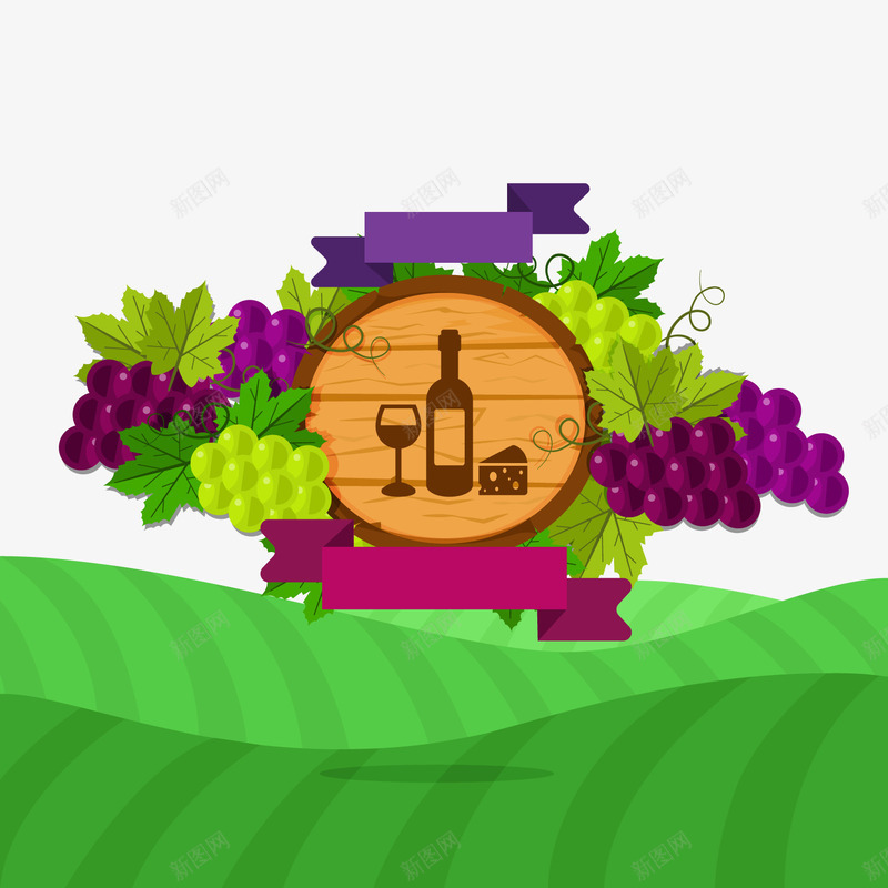 扁平化农场葡萄酒png免抠素材_88icon https://88icon.com 农场 水果 紫色葡萄 绿色草地 背景装饰 葡萄酒