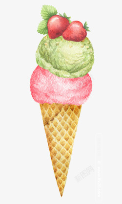 草莓冰淇淋手绘插画素材