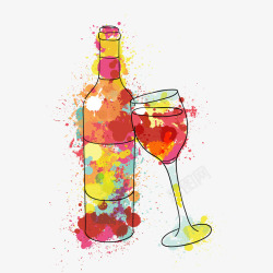 水彩绘葡萄酒和酒杯矢量图素材
