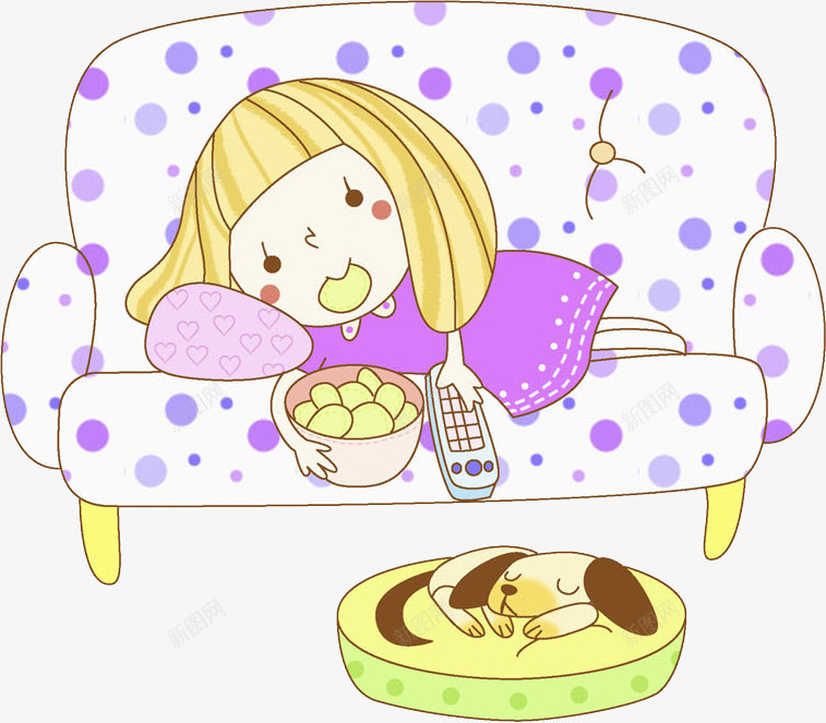 吃零食的女孩png免抠素材_88icon https://88icon.com 卡通 可爱的 吃零食女孩 小狗 悠闲地 插图 沙发 漂亮的 躺着的