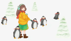 小女孩与企鹅装饰卡通手绘插画素材