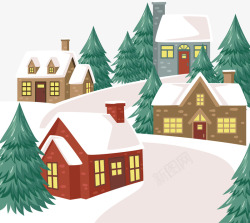 雪白圣诞树手绘下雪季的圣诞节美景高清图片