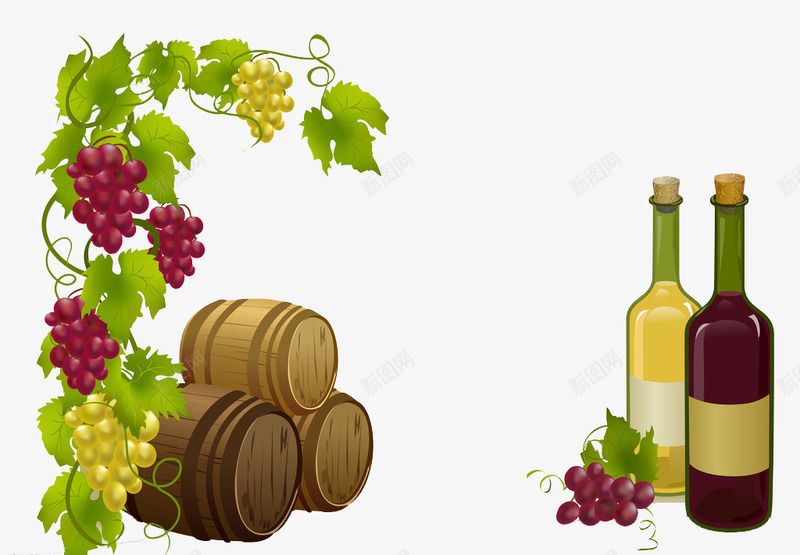 葡萄酒和酒桶png免抠素材_88icon https://88icon.com 绿叶 葡萄酒 酒桶 酒瓶