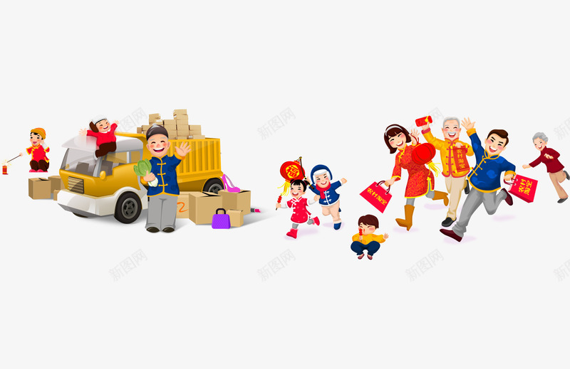 过年购物png免抠素材_88icon https://88icon.com 一家人 卡通手绘 奔跑 购物