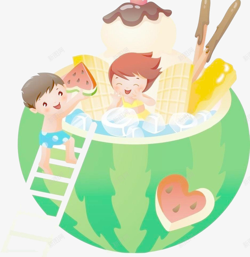 西瓜里的小人png免抠素材_88icon https://88icon.com 卡通 可爱 夏日水果 夏日背景 绿色