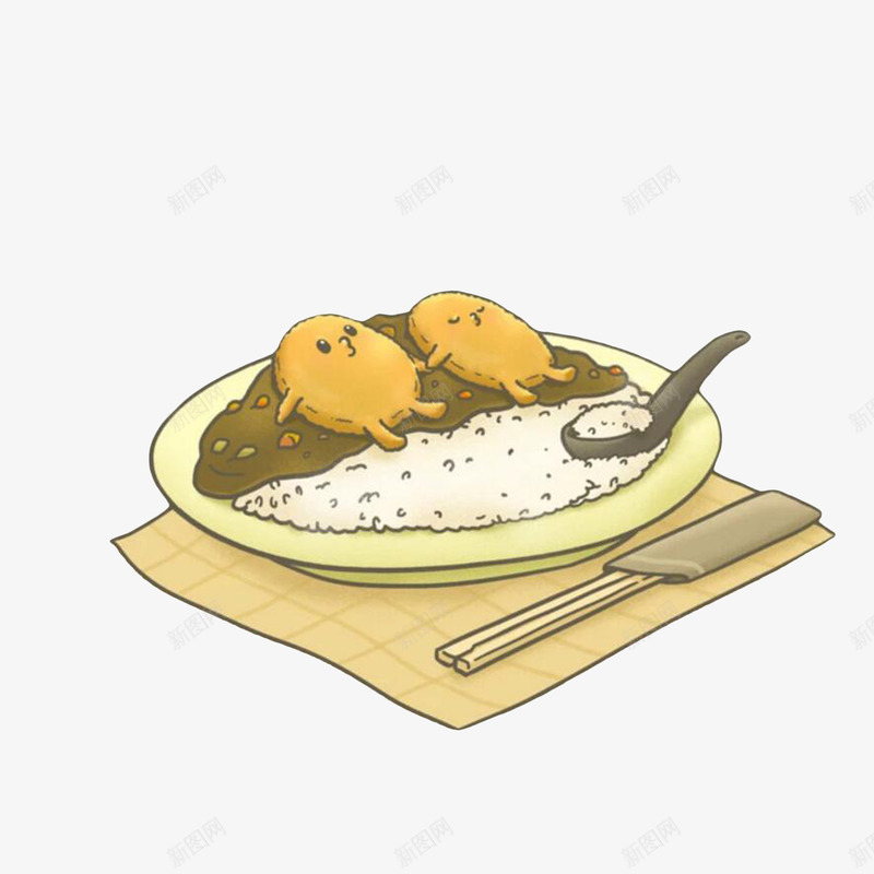 咖喱盖饭可爱卡通画风png免抠素材_88icon https://88icon.com 勺子 印度咖喱 咖喱盖饭 筷子 躺着的鸡蛋小人