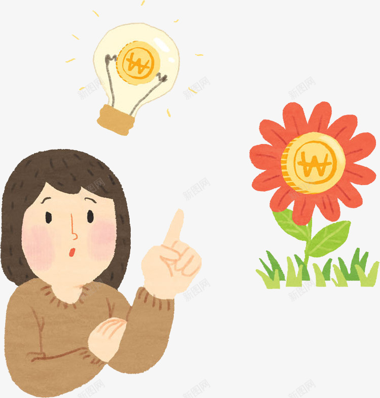 有主意的女人png免抠素材_88icon https://88icon.com 卡通 女人 想法 指向 注意 漂亮的 灯泡 红花