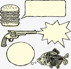 手绘对话框汉堡包枪支鱼骨头矢量图素材