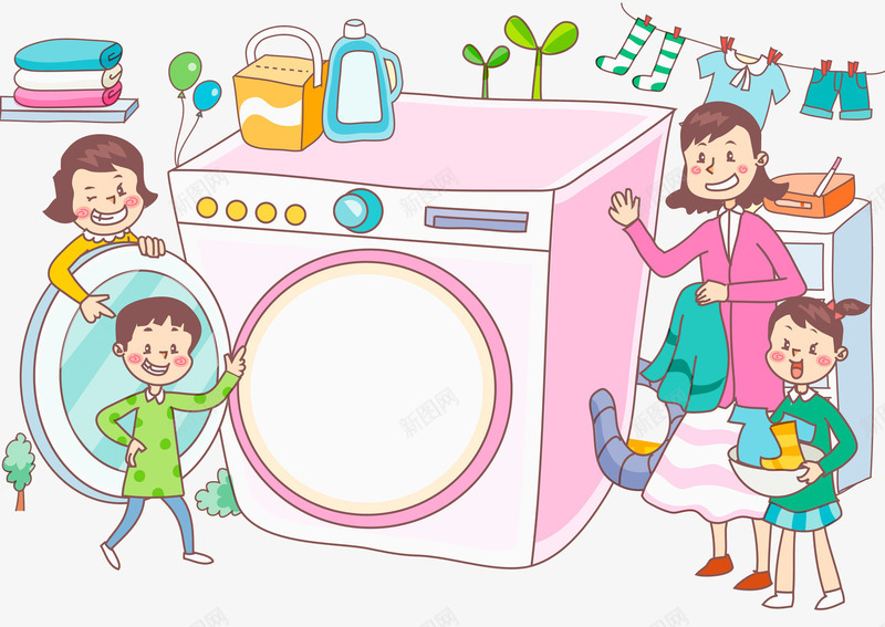 卡通洗衣机png免抠素材_88icon https://88icon.com 女孩 妈妈 彩色 手绘 洗衣机 男孩 衣服 衣架
