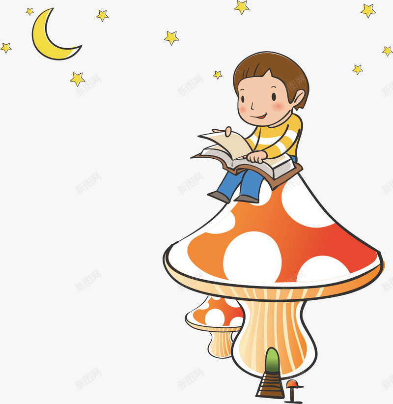 坐在蘑菇上看书的小男孩png免抠素材_88icon https://88icon.com 星星 晚上 月亮 男孩 看书 蘑菇