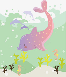 可爱卡通粉色海豚海浪水柱素材