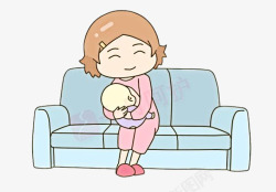 母乳喂养卡通坐在沙发上喂奶的女人漫画高清图片