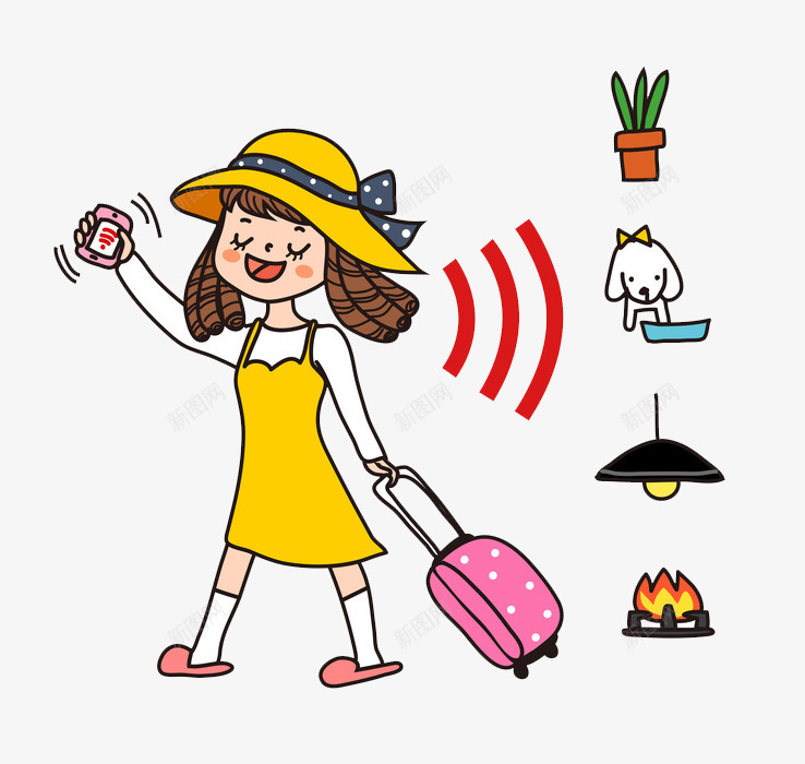 卡通旅行的女孩图png免抠素材_88icon https://88icon.com 女孩 手机信号 旅行 智能化 漂亮的 行李箱 视频