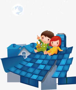 蓝色屋顶屋顶上看月亮的小朋友高清图片