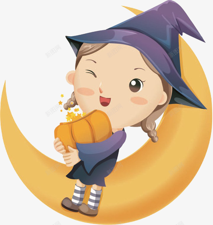 坐在月亮上的小孩png免抠素材_88icon https://88icon.com 南瓜 小孩 帽子 弯月