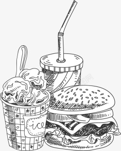 派乐汉堡手绘快餐食物汉堡可乐冰淇淋线稿矢量图高清图片