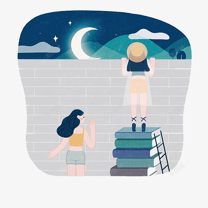 看月亮的女孩png免抠素材_88icon https://88icon.com 书本 卡通 女孩 手绘 月亮 月牙 梯子 水彩