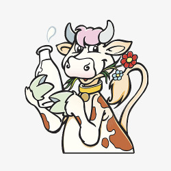 嘴叼另一朵花卡通奶牛抱着牛奶瓶高清图片