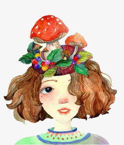 手绘采蘑菇的小女孩素材