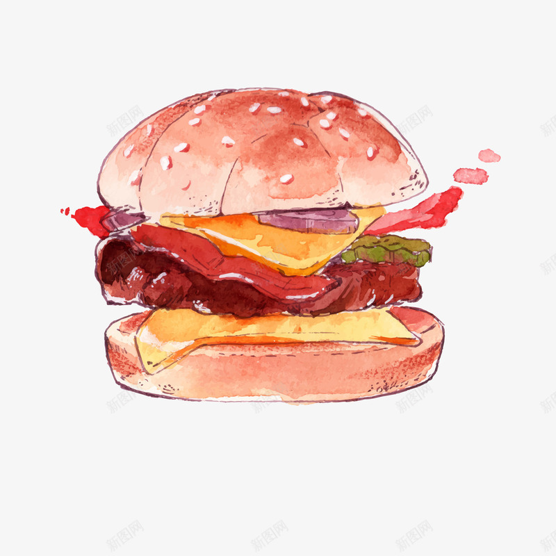 水彩绘汉堡包png免抠素材_88icon https://88icon.com 卡通 水彩绘汉堡 汉堡包 背景装饰 食物