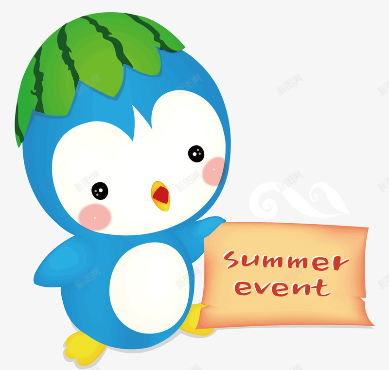 一个蓝色的卡通企鹅png免抠素材_88icon https://88icon.com 可爱 夏天 夏天的英文拼写 帽子 绿色的西瓜 蓝色的身体 黄色的牌子