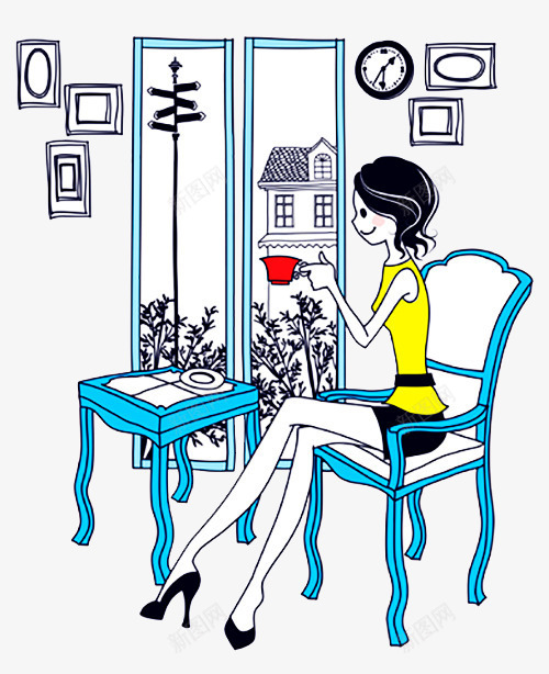 女生在家喝茶png免抠素材_88icon https://88icon.com 房屋 时钟 桌子 椅子 漫画 绘画 美女