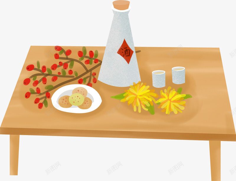 菊花茶和酒手绘图png免抠素材_88icon https://88icon.com 木质小桌 椅子 简图 美味的 茶水 菊花 酒 食物