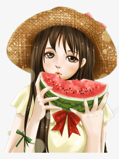 唯美插画png免抠素材_88icon https://88icon.com 唯美 女孩 草帽 西瓜