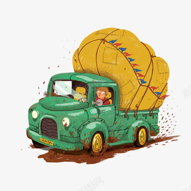 漫画卡通一家人卡车和行李图标图标