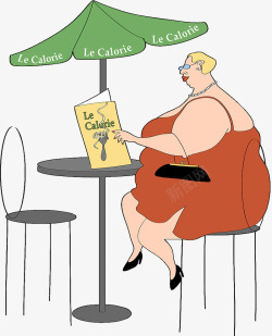 漫画露天咖啡馆点餐的胖女人素材