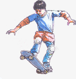 创意手绘漫画玩滑板的小男孩素材