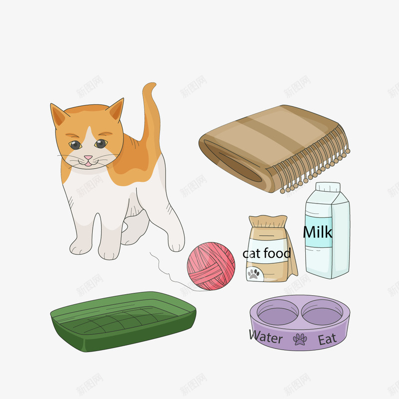 宠物猫用品png免抠素材_88icon https://88icon.com 毛巾 毛线球 牛奶 食物